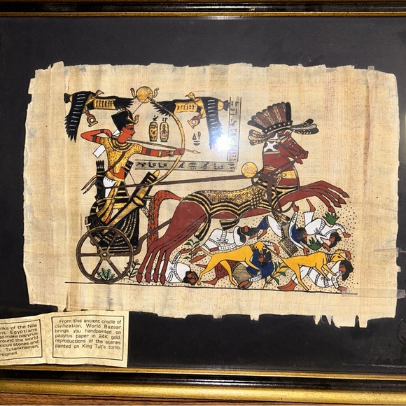 Framed Egyptian Work Of Art~ Handpainted/ 24K Gold On Papyrus ~Tutankhamen War